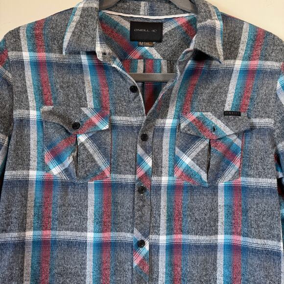O'Neill Men's M Plaid Flannel Button Up Shirt Gray Blue Red Surf Skate Gorpcore - Picture 3 of 11
